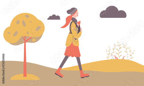 Happy mother on autumn walk with newborn in kangaroo backpack. Woman walking with child in park. Young mom with baby isolated on white background in funky figures style. Vector illustration