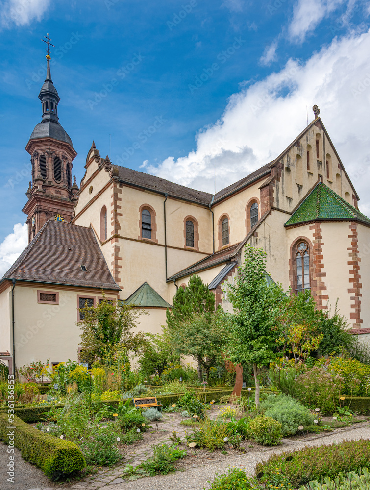 Herb garden view of St. Mary‘s Church in the historic centre of Gengenbach , Kinzig Valley, Ortenau. Baden Wuerttemberg, Germany, Europe