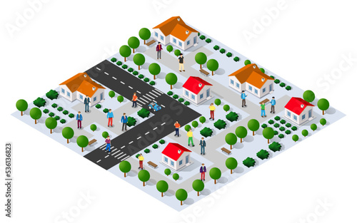 Country village district isometric 3d illustration of a rural area with many buildings