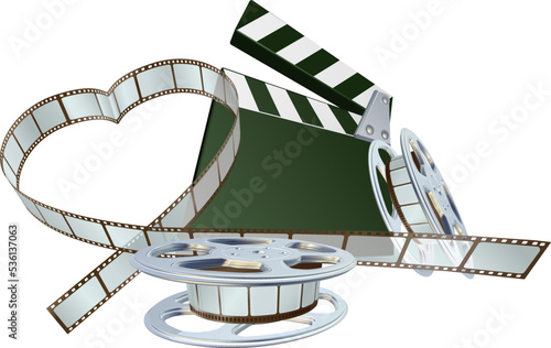 A film movie reel strip roll and clapper clapperboard cinema video lover concept