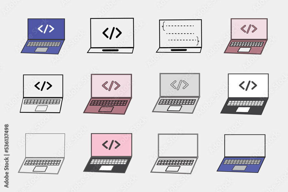 set of computer coding laptop flat icon illustration vector and computer working coding and programming icon vector set of computer coding laptop flat icon illustration vector and computer working coding and programming icon vector