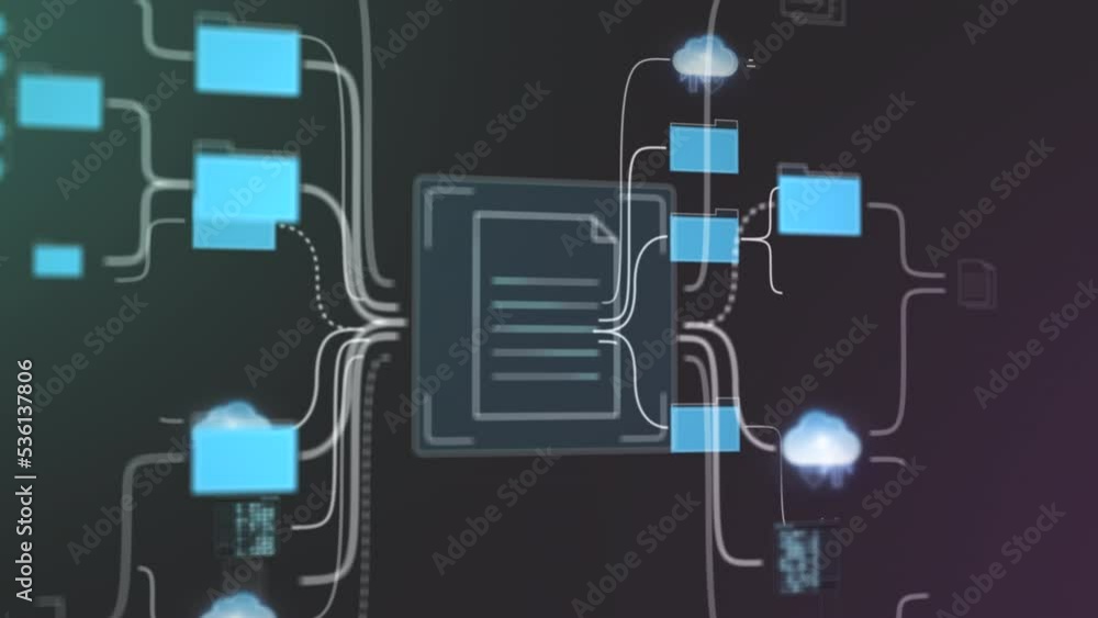 Concept animation of computer file backup within an internet cloud network, icons document, file