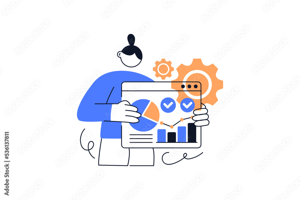 Flat vector design statistical and Data analysis for business finance investment concept. Flat vector illustration isolated on white background Flat vector design statistical and Data analysis for business finance investment concept. Flat vector illustration isolated on white background