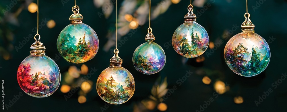 Christmas balls wallpaper, dark background. Digital art, printable