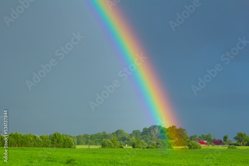 rainbow in the sky.Picturesque view of beautiful rainbow and blue sky on sunny day