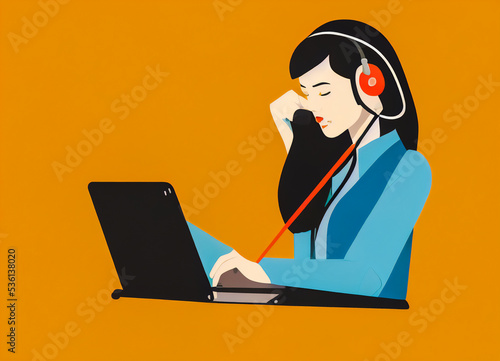 Woman working from home with headset and laptop in video, minimalist flat design illustration photo