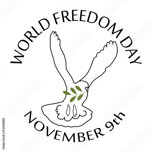 World freedom day emblem with flying dove of peace. Celebration card with typography and bird wirh olive branch. Round shape badge Flat cartoon style vector illustration