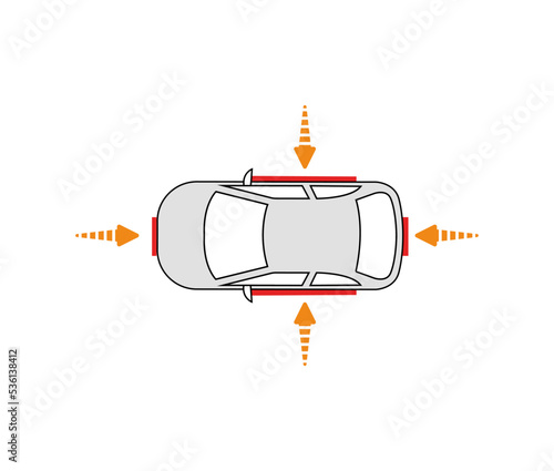Vehicle impact sensor arrows. Car accident detection system icon. Modern sketch drawing. Editable line icon.
