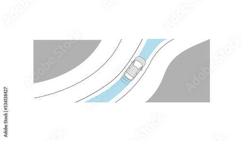 Ribbon positioning help. Car lane tracking system. Putting the vehicle on the road system is active. Modern sketch drawing. Editable line icon.