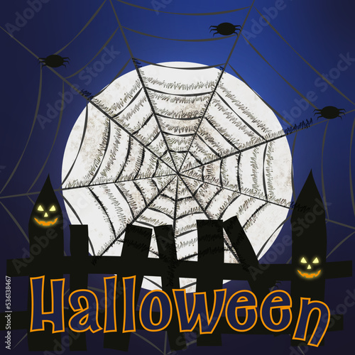 happy halloween plakat pocztówka księżyc północ wiedźma czary magia domki drzewo straszyć duch straszny zabawa impreza 