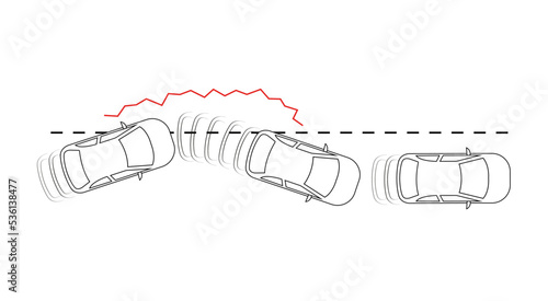 Lane keeping system. Vehicle features. Car side lane warning sign icon. Danger moment sign. modern sketch drawing. Editable line icon.