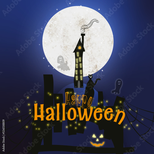 happy halloween plakat pocztówka księżyc północ wiedźma czary magia domki drzewo straszyć duch straszny zabawa impreza 