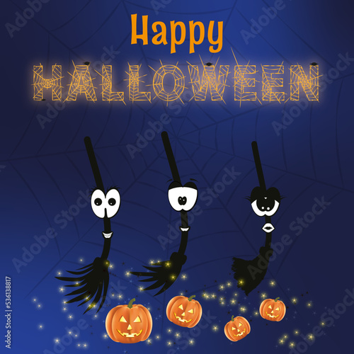 happy halloween plakat pocztówka księżyc północ wiedźma czary magia domki drzewo straszyć duch straszny zabawa impreza 