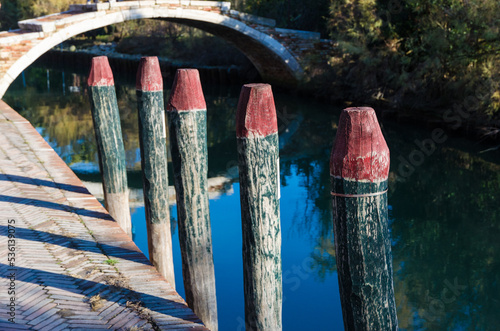 Alcune paline, i tipici pali per ormeggiare le barche, dipinte di verde e rosso davanti al ponte del diavolo a Torcello nella laguna di Venezia photo