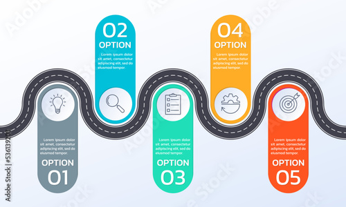 5 steps, option road infographic. Timeline info graphic with business icons. Presentation, process template design with winding asphalt pass or route. Vector illustration.