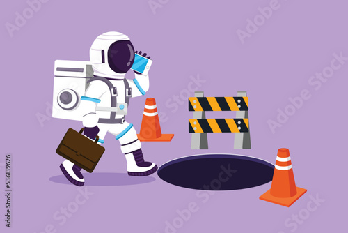 Graphic flat design drawing of young astronaut talking on cell phone or smartphone and he does not see the hole in front in moon surface. Cosmic galaxy space concept. Cartoon style vector illustration