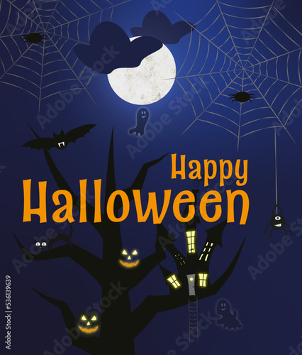 happy halloween plakat pocztówka księżyc północ wiedźma czary magia domki drzewo straszyć duch straszny zabawa impreza 