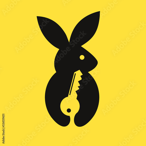 Rabbit Key Logo Negative Space Concept Vector Template. Rabbit Holding Key Symbol