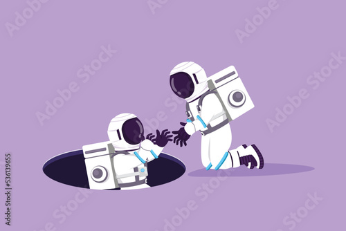 Character flat drawing young astronaut helping his friend by take him out from hole in moon surface. Exploration struggle, teamwork concept. Cosmonaut outer space. Cartoon design vector illustration