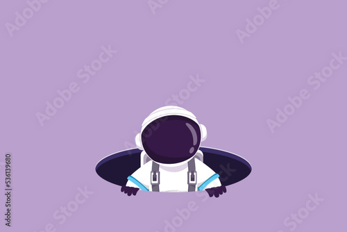 Cartoon flat style drawing young astronaut emerges from hole in moon surface. Failure to take advantage of exploration opportunities. Cosmonaut deep space concept. Graphic design vector illustration