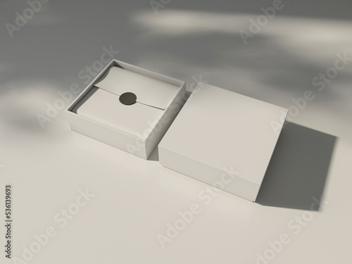 Two Square white Boxes Mockup with white wrapping paper on table, 3d rendering