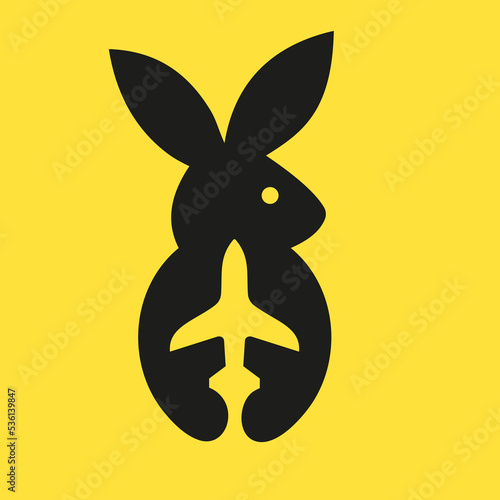 Rabbit Travel Logo Negative Space Concept Vector Template. Rabbit Holding Airplane Symbol