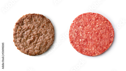 fried and raw beef cutlet on white background