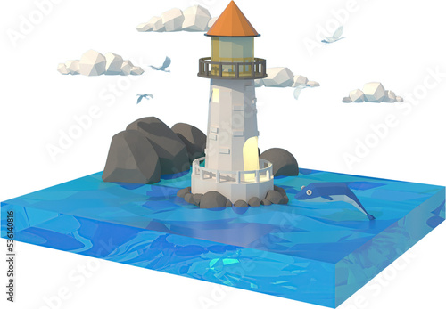 3D illustrator the lighthouse at sea. 3d rendering Low Polygon Geometry. Lowpoly Minimal Style Art.