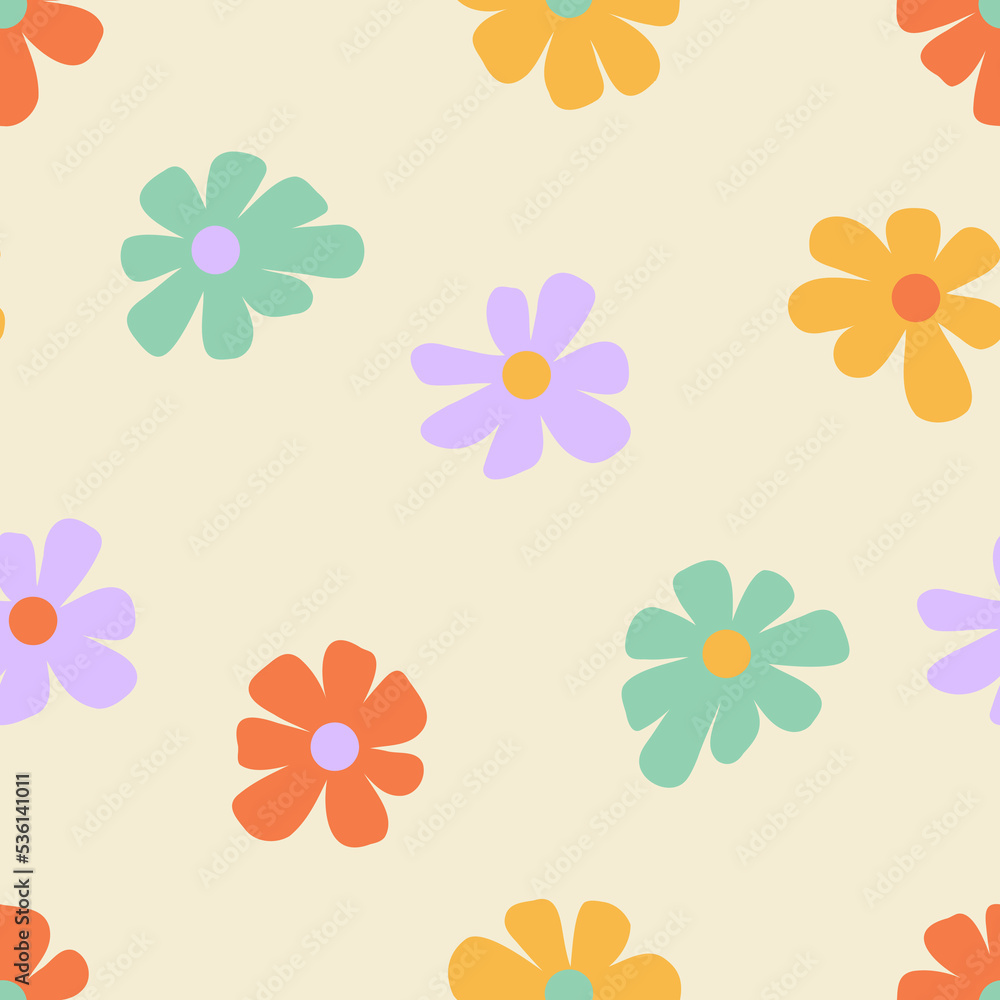 1970 daisy seamless pattern. Hand drawn abstract simple flowers background. Doodle boho hippie aesthetic design. 1970 daisy seamless pattern. Hand drawn abstract simple flowers background. Doodle boho hippie aesthetic design.