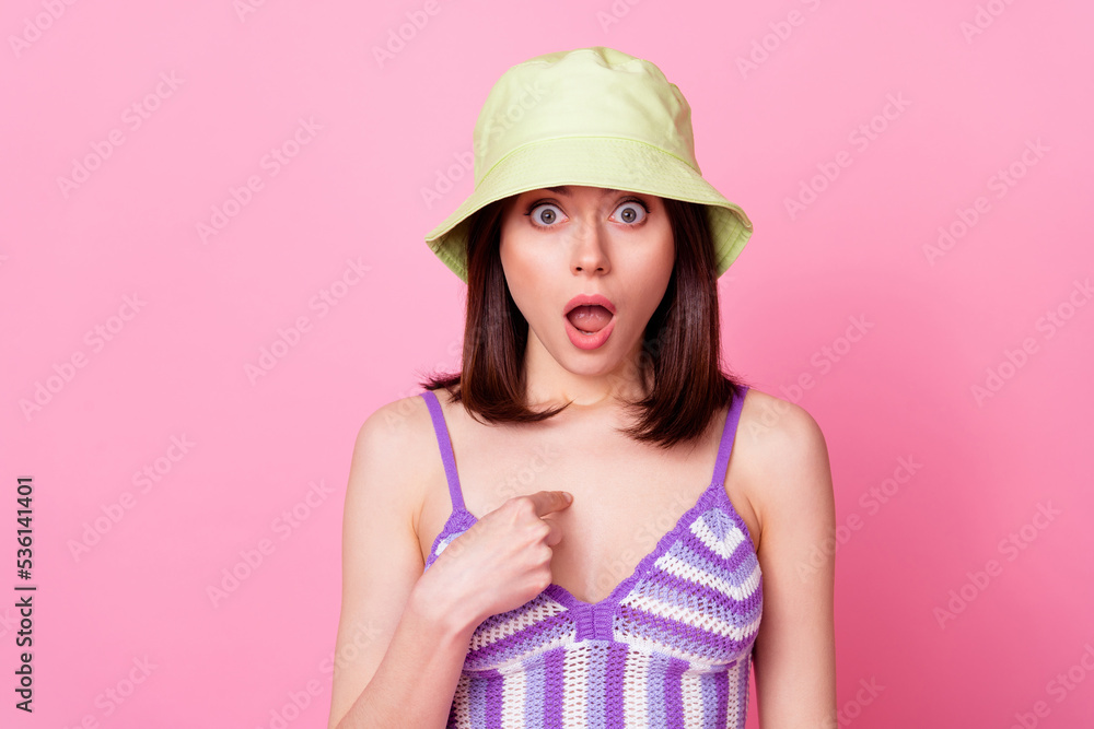 Photo of impressed lady point finger self open mouth cant believe questioned isolated on pink color background Photo of impressed lady point finger self open mouth cant believe questioned isolated on pink color background