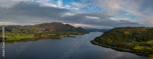 aerial view of Bassenthwaite Lake in the English Lake District in warm eveing light