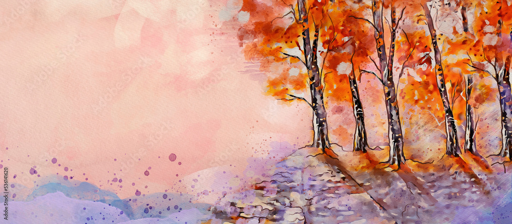 Forest. Autumn watercolor background. Design element.