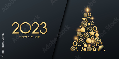 2023 New Year holiday luxury banner with golden Christmas tree. Black and gold. Vector illustration.