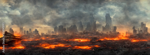 Post apocalypse. Nuclear apocalypse survivor. Ruined Cityscape. Concept. Banner size. Header © Roman Studio