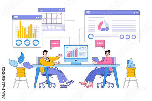 Flat business financial consultation and analyst concept. Investment planning on monitor report graph. Outline design style minimal vector illustration