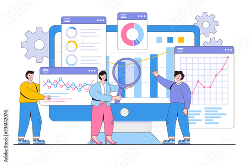 Flat statistical and data analysis for business finance with team working on monitor graph dashboard concept. Outline design style minimal vector illustration