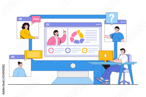 Flat business online meeting via video call, work from home concept. Outline design style minimal vector illustration