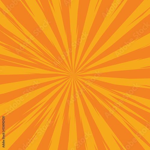 Pop art radial colorful comics book magazine cover. Striped yellow and orange digital background. Cartoon funny retro pattern strip mock up. Vector halftone illustration. Sunburst, starburst shape
