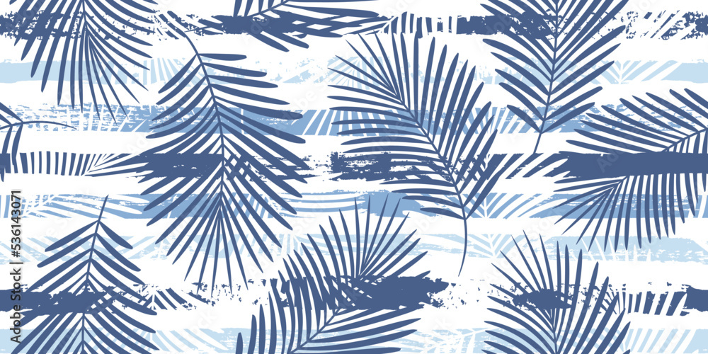Tropical pattern, palm leaves seamless vector floral background. Exotic plant on blue stripes print illustration. Summer nature jungle print. Leaves of palm tree on paint lines. ink brush strokes Tropical pattern, palm leaves seamless vector floral background. Exotic plant on blue stripes print illustration. Summer nature jungle print. Leaves of palm tree on paint lines. ink brush strokes