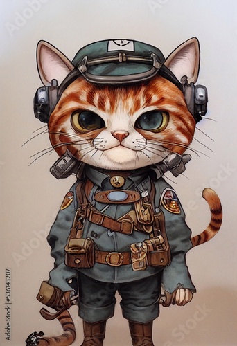 cat dressed as a military pilot, chibi style character photo