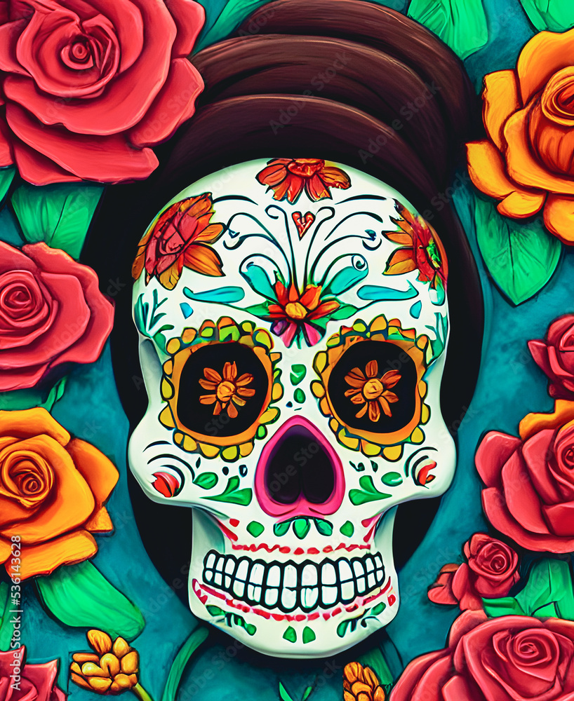 Artistic concept painting of a skull with flowers, background illustration.