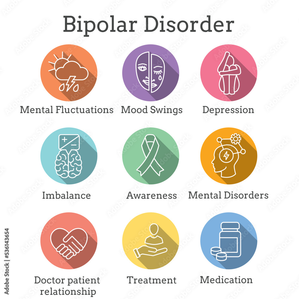Bipolar Disorder or Depression BP Icon Set Showing Mental Health Issue Symptoms Bipolar Disorder or Depression BP Icon Set Showing Mental Health Issue Symptoms