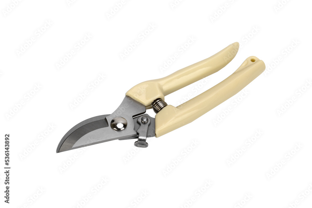 Garden secateurs isolated on a white background. Small garden scissors. Garden secateurs isolated on a white background. Small garden scissors.