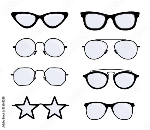 Different glasses designs vector illustrations set. Eyeglasses with black frames of different shapes and styles: old, modern, cool, hipster isolated on white background. Medicine, fashion concept