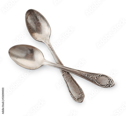 Fotografie Top view of two old silver teaspoons