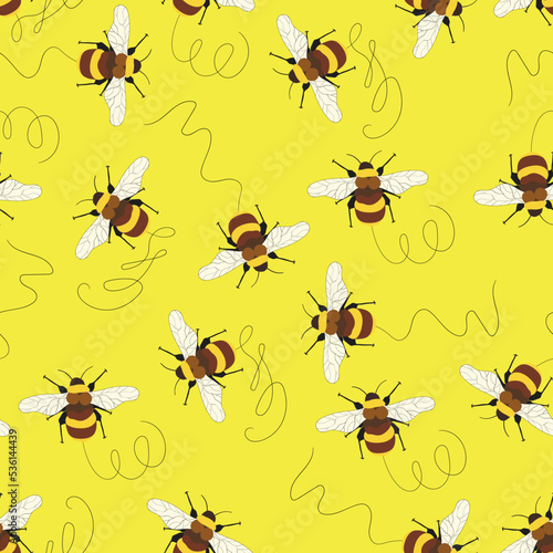 Seamless pattern with bees on color background. Small wasp. Vector illustration. Adorable cartoon character. Template design for invitation  cards  textile  fabric. Doodle style