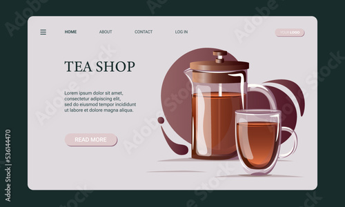 Tea shop web banner template, website, landing page and mobile app development. Glass tea pot, french press with black tea and glass mug with double bottom on dark gradient background