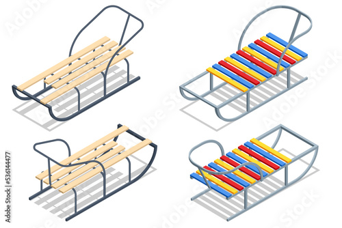 Isometric Child Winter Sled Isolated on White. Winter Seasonal Classic Childhood Transport Vehicle for Outdoor Leisure Recreation
