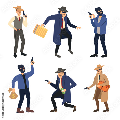 Gangster characters set. Vector illustrations of comic criminals with hat or black mask. Cartoon mafia boss with money suitcase, bandit killer with pistol isolated on white. Crime, robbery concept