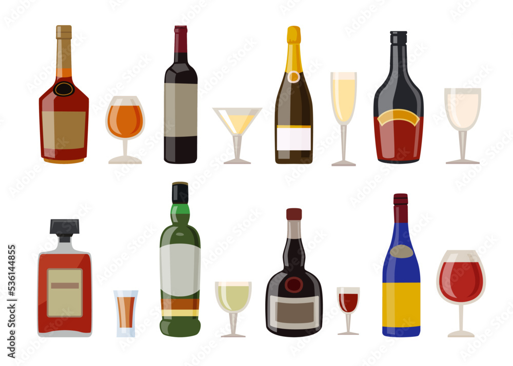Alcoholic drinks and glasses vector illustrations set. Liquor bottles of different shapes with labels, whiskey, rum, wine isolated on white background. Beverage, alcohol concept for menu design Alcoholic drinks and glasses vector illustrations set. Liquor bottles of different shapes with labels, whiskey, rum, wine isolated on white background. Beverage, alcohol concept for menu design